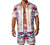ZSJR Mens Hawaiian Shirt Sets Satin Silk Casual Button Down Shirts 2 Piece Luxury Summer Beach Outfits for Men, Royal Rose, X-Large