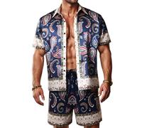 ZSJR Mens Hawaiian Shirt Sets Satin Silk Casual Button Down Shirts 2 Piece Luxury Summer Beach Outfits for Men, Navy Blue Luxury Paisley, X-Large