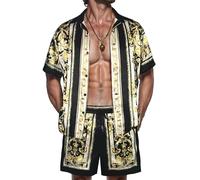 ZSJR Mens Hawaiian Shirt Sets Satin Silk Casual Button Down Shirts 2 Piece Luxury Summer Beach Outfits for Men, Baroque Gold, X-Large