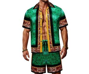 ZSJR Mens Hawaiian Shirt Sets Satin Silk Casual Button Down Shirts 2 Piece Luxury Summer Beach Outfits for Men, Gemstone Green, XL