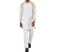 ZSJR Mens Long African 2 Piece Set Nigerian Dashiki Metallic Traditional Suit Gold Stamp Printed Shirt and Pants Outfit, White, Large
