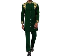 ZSJR Mens Long African 2 Piece Set Nigerian Dashiki Metallic Traditional Suit Gold Stamp Printed Shirt and Pants Outfit, Dark Green, M