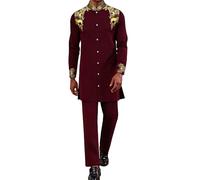 ZSJR Mens Long African 2 Piece Set Nigerian Dashiki Metallic Traditional Suit Gold Stamp Printed Shirt and Pants Outfit, Wine Red, Medium