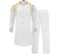 ZSJR Mens Long African 2 Piece Set Nigerian Dashiki Metallic Traditional Suit Gold Stamp Printed Shirt and Pants Outfit, White, XL