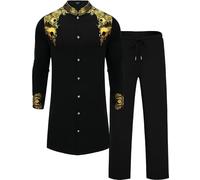 ZSJR Mens Long African 2 Piece Set Nigerian Dashiki Metallic Traditional Suit Gold Stamp Printed Shirt and Pants Outfit, Black, Large