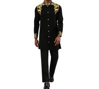 ZSJR Mens Long African 2 Piece Set Nigerian Dashiki Metallic Traditional Suit Gold Stamp Printed Shirt and Pants Outfit, Black, S