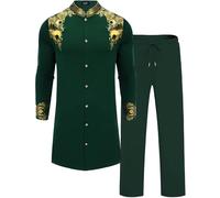ZSJR Mens Long African 2 Piece Set Nigerian Dashiki Metallic Traditional Suit Gold Stamp Printed Shirt and Pants Outfit, Dark Green, XL