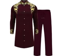 ZSJR Mens Long African 2 Piece Set Nigerian Dashiki Metallic Traditional Suit Gold Stamp Printed Shirt and Pants Outfit, Wine Red, S