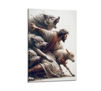 ZSLKJA Jesus Protecting Lamb from Wolves Christian Artwork Decorative Painting Modern Family Christian Poster for Living Room,Church & Altar Canvas Wall Art Prints Picture 24x36inch(60x90cm)