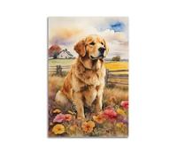 ZSLYMX Animal Poster Golden Retriever on Vintage Farm Grass Poster Decorative Painting Canvas Wall Posters And Art Picture Print Modern Family Bedroom Decor Posters 08x12inch(20x30cm)