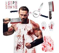 ZSOPN Butcher Costume, Halloween Costume Men, Butcher Costume Men & Women, Butcher Apron with Knife, Halloween Axe in the Head and 10 Scars Tattoos