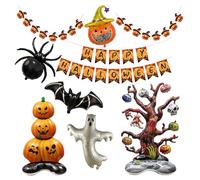 Zssxysm 9PCS Halloween Party Decorations Set, Happy Halloween Banner, Giant Pumpkin Balloons, Spider Bat Ghost Aluminum Foil Balloon with Adhesive Dots, Halloweens Decor Kit for Home, Office, Bar