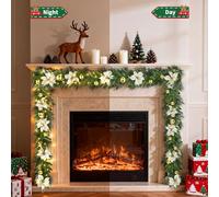 Zstar Pre-Lit Christmas Garland 9ft, Battery Operated Timer, 8 Modes, 70 Warm White LEDs - Mixed Pine Needles PVC/PE with Gold Flowers, Pine Cones & Balls for Mantel, Stairs Indoor/Outdoor - Gold