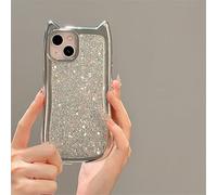 ZSUFCBF Luxury Cat Ear Silver Sequins Case For iPhone 15 14 13 12 Pro Max 11 Stylish Girl Hard Electroplated Cover Glitter Shell,A,For iPhone 15