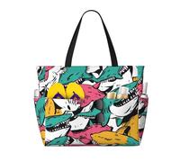 ZSUUGJ Angry Shark Extra Large Beach Tote Bag With Zipped Pockets - Sandproof Waterproof Holiday Bag For Pool, Picnic, Gym & Travel