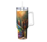 ZSUUGJ Artists Palette and Brushes 40oz Insulated Tumbler with Handle and Straw Lid Insulated Travel Mug, Coffee Cup, Reusable Water Bottle, Ideal for Car, Work, Gift