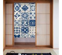 ZSUUGJ Blue Boho Tiles Morocco Floral Soft Stylish Fabric Door Curtain, Room Divider For Privacy And Light Blocking, Ideal For Living Room Bedroom Kitchen Office