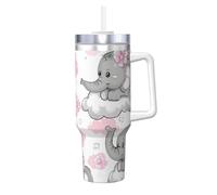 ZSUUGJ Cute Elephant Pink 40 Oz Tumbler With Handle And Straw Lid Car Cup Stainless Steel Water Bottles Insulated Coffee Cup Travel Mug Gifts For Men Women