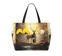 ZSUUGJ Deer In The Forest Extra Large Beach Tote Bag With Zipped Pockets - Sandproof Waterproof Holiday Bag For Pool, Picnic, Gym & Travel