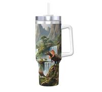 ZSUUGJ Dinosaurs in Waterfall Paradise 40oz Insulated Tumbler with Handle and Straw Lid Insulated Travel Mug, Coffee Cup, Reusable Water Bottle, Ideal for Car, Work, Gift