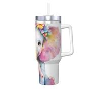 Zsuugj Elephant And Flowers 40 Oz Tumbler With Handle And Straw Lid Car Cup Stainless Steel Water Bottles Insulated Coffee Cup Travel Mug Gifts For Men Women