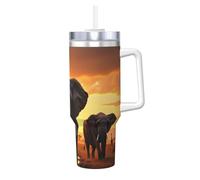 ZSUUGJ Elephants At Sunset 40oz Insulated Tumbler with Handle and Straw Lid Insulated Travel Mug, Coffee Cup, Reusable Water Bottle, Ideal for Car, Work, Gift