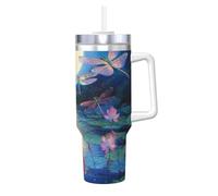 Zsuugj Fantasy Dragonfly And Lotus Flower 40 Oz Tumbler With Handle And Straw Lid Car Cup Stainless Steel Water Bottles Insulated Coffee Cup Travel Mug Gifts For Men Women