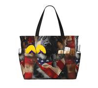 ZSUUGJ German Shepherd American Flag Extra Large Beach Tote Bag With Zipped Pockets - Sandproof Waterproof Holiday Bag For Pool, Picnic, Gym & Travel