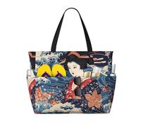 ZSUUGJ Japanese Wave Extra Large Beach Tote Bag With Zipped Pockets - Sandproof Waterproof Holiday Bag For Pool, Picnic, Gym & Travel