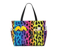 ZSUUGJ Leopard Neon Rainbow Extra Large Beach Tote Bag With Zipped Pockets - Sandproof Waterproof Holiday Bag For Pool, Picnic, Gym & Travel