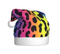 ZSUUGJ Leopard Neon Rainbow Plush Santa Cap For Adults, Soft Holiday Hat With White Trim And Pom-Pom, Reusable Festive Accessory For Home, Office & Party