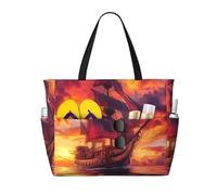 ZSUUGJ Pirate Ship In The Sunset Extra Large Beach Tote Bag With Zipped Pockets - Sandproof Waterproof Holiday Bag For Pool, Picnic, Gym & Travel