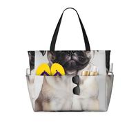 ZSUUGJ Pug Dog Extra Large Beach Tote Bag With Zipped Pockets - Sandproof Waterproof Holiday Bag For Pool, Picnic, Gym & Travel