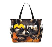 ZSUUGJ Raccoon In The Fall Tree Hole Extra Large Beach Tote Bag With Zipped Pockets - Sandproof Waterproof Holiday Bag For Pool, Picnic, Gym & Travel