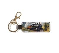 ZSUUGJ Steam Locomotive Train Landscape Stylish Pu Leather Keychain With Sturdy Metal Ring For Daily Use