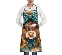 ZSUUGJ Teal Highland Cow Adjustable Waterproof Kitchen Apron With Pocket Cooking, Baking & Grilling Bib Apron For Men And Women