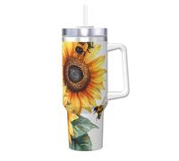 Zsuugj Watercolor Bees Sunflower 40 Oz Tumbler With Handle And Straw Lid Car Cup Stainless Steel Water Bottles Insulated Coffee Cup Travel Mug Gifts For Men Women