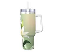 ZSUUGJ White Lilies Bloom 40oz Insulated Tumbler with Handle and Straw Lid Insulated Travel Mug, Coffee Cup, Reusable Water Bottle, Ideal for Car, Work, Gift
