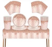 ZSYIULIA 69pcs Rose Gold Diamond Theme Disposable Party Tableware Set | Glitter & Sparkle Rose Gold Paper Plates, Cups, Napkins & Tablecloth | Elegant Dinnerware for Women & Girls Birthdays, Weddings