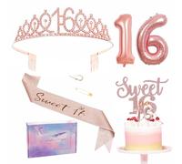 ZSYIULIA Rose Gold 16th Birthday Decorations for Girl - Tiara, Sash, Balloons, Candles, Cake Topper, Pearl Pin - 6 Count