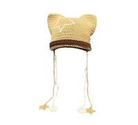 ZSYTF Cute Cat Ear Knitted Beanie Hats, Warm Winter Slouchy Crocheted Hat with Star Pattern Cat Ears Cap for Girls Women