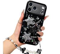 ZSYTZL Compatible with iPhone 17 Pro Case Cute 3D Bling Glitter White Black Stars with Pearl Bracelet Chain Design for Girls Women Kawaii Sparkle Protective Phone case for iPhone 17 Pro-Black