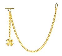 ZTA Albert Chain Gold Tone Pocket Watch Chain Vest Chain for Men Fob T Bar with Swivel Clasp with Four -Leaf Grass Design Pendant Fob Charm