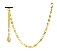 ZTA Men's Albert Chain Gold Color Pocket Watch Curb Link Key Chain 2 Hooks with Antique Skeleton Leaf Pendant Design Charm Fob T Bar