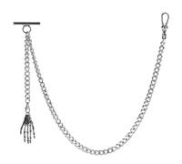 ZTA Men's Albert Chain Silver Color Pocket Watch Curb Link Key Chain 2 Hooks with Antique Skeleton Ghost Claw Pendant Design Charm Fob T Bar