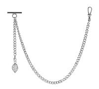 ZTA Men's Albert Chain Silver Color Pocket Watch Curb Link Key Chain 2 Hooks with Antique Skeleton Leaf Pendant Design Charm Fob T Bar
