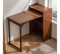 ZTCHSENZT Compact Bamboo Folding Desk with Bookshelf - Convertible Writing Table Home Office Storage Cabinet Vanity Table & Computer Workstation for Bedroom Living Room Kitchen Off