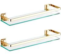 ZTCHSENZT Wall Mounted Glass Bathroom Shelf - 2-Tier Floating Storage Solution 8Mm Thick Clear Rectangular Shower Caddy With Stylish Gold Finish For Home Decor And Nization,Gold