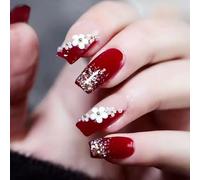 Ztcily Red Long Square False Nails Red Gold Glitter Ballerina Fake Nails with Flower Pattern Fake Nails for Wedding Valentine's Day New Year