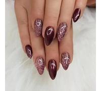 Ztcily Short Red Almond False Nails, Red Glitter False Nails, False Nails with Glue for Women, Christmas Gift Idea Valentine's Day New Year